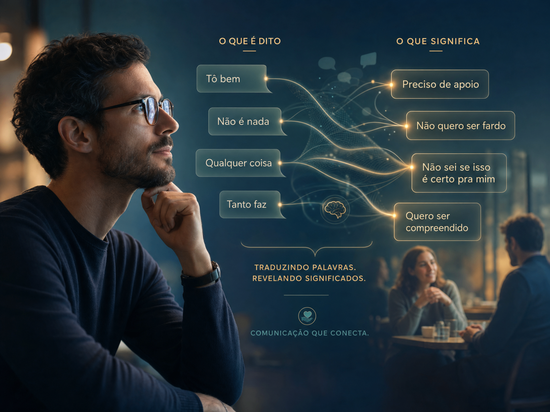 Homem pensativo observando balões com o que é dito e o que significa, traduzindo a comunicação social