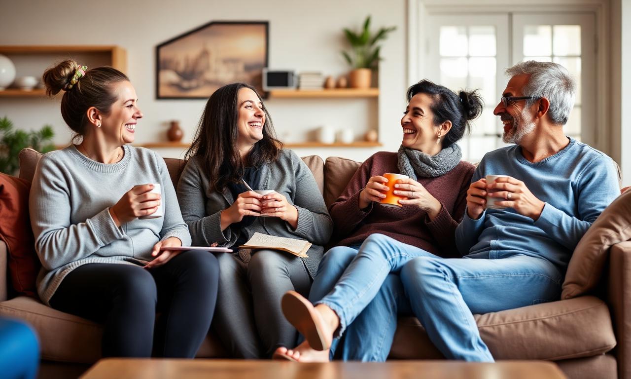 Grupo de quatro adultos conversando alegremente em um sofá
